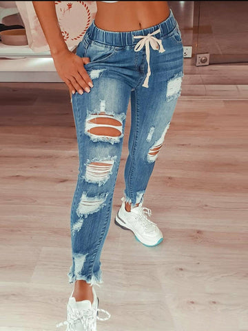 Airchics jean crayon déchiré troué coulisse taille femme pantalons bleu